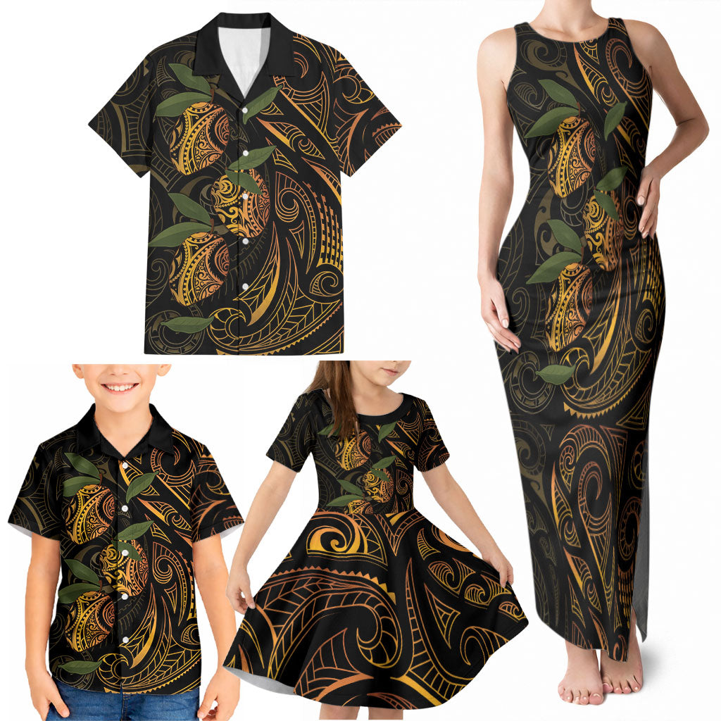 Hawaiian Mango Tribal Tattoo Family Matching Tank Maxi Dress and Hawaiian Shirt Gold Pacific Traditional Pattern