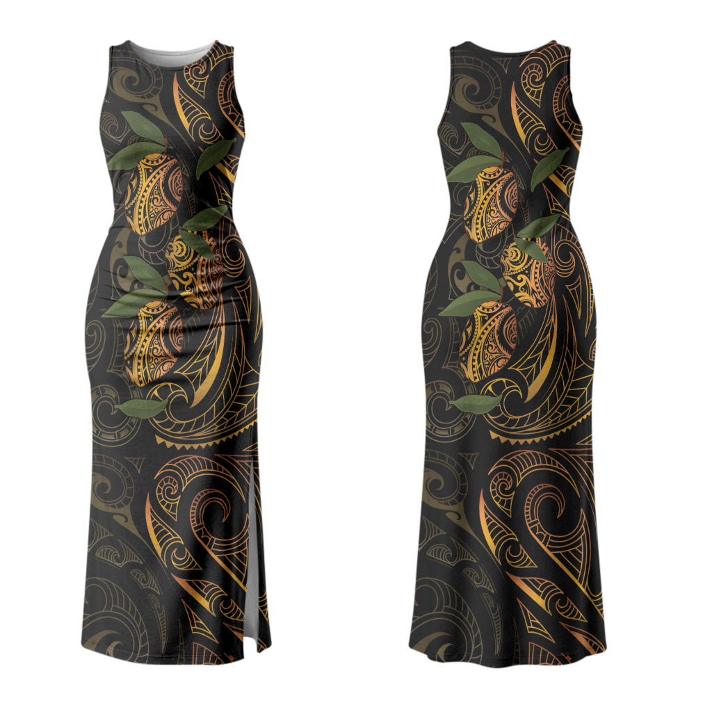 Hawaiian Mango Tribal Tattoo Family Matching Tank Maxi Dress and Hawaiian Shirt Gold Pacific Traditional Pattern