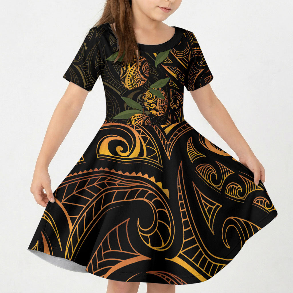 Hawaiian Mango Tribal Tattoo Kid Short Sleeve Dress Gold Pacific Traditional Pattern