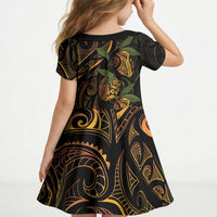 Hawaiian Mango Tribal Tattoo Kid Short Sleeve Dress Gold Pacific Traditional Pattern