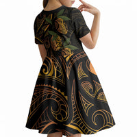 Hawaiian Mango Tribal Tattoo Kid Short Sleeve Dress Gold Pacific Traditional Pattern