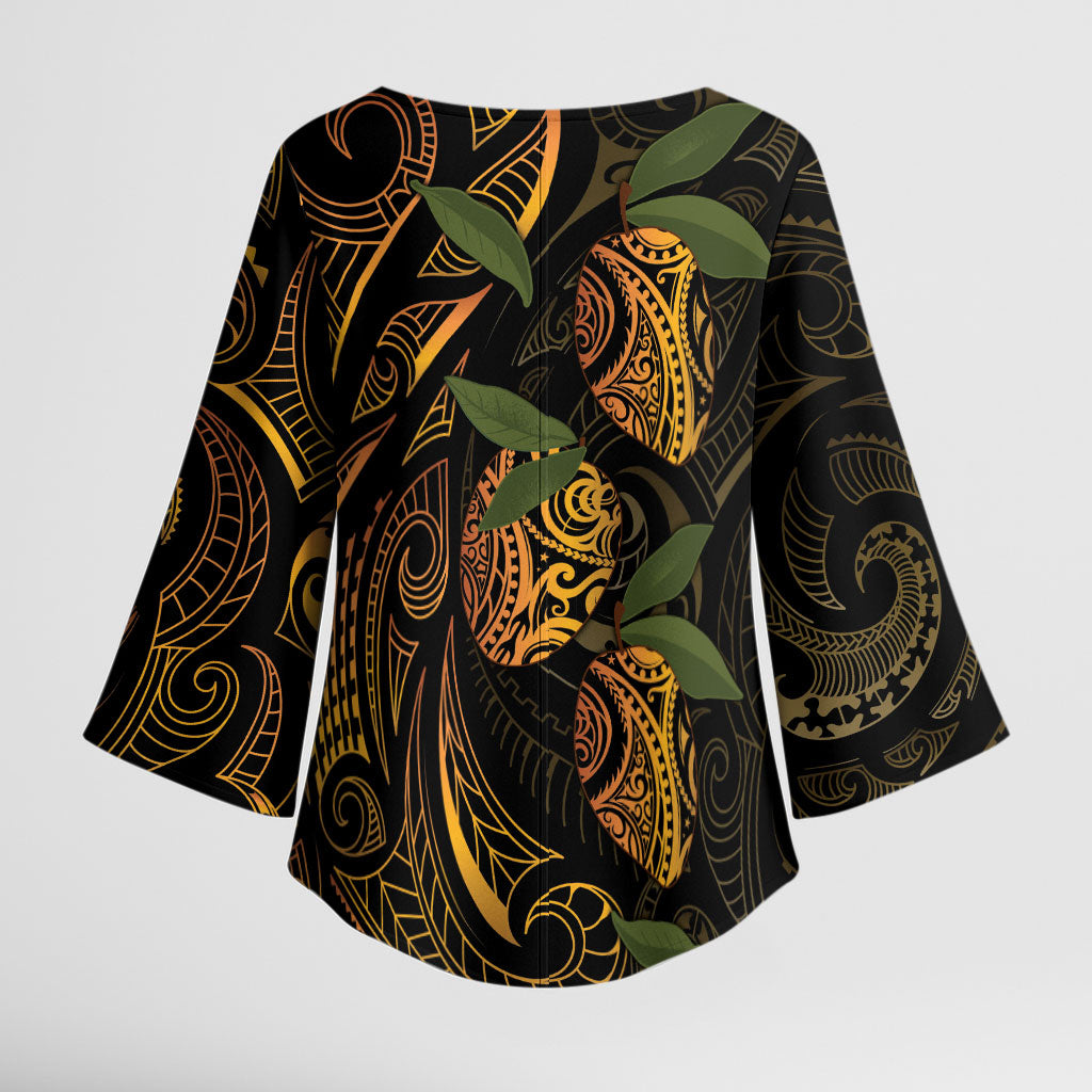 Hawaiian Mango Tribal Tattoo Kimono Sleeve Blouse Gold Pacific Traditional Pattern