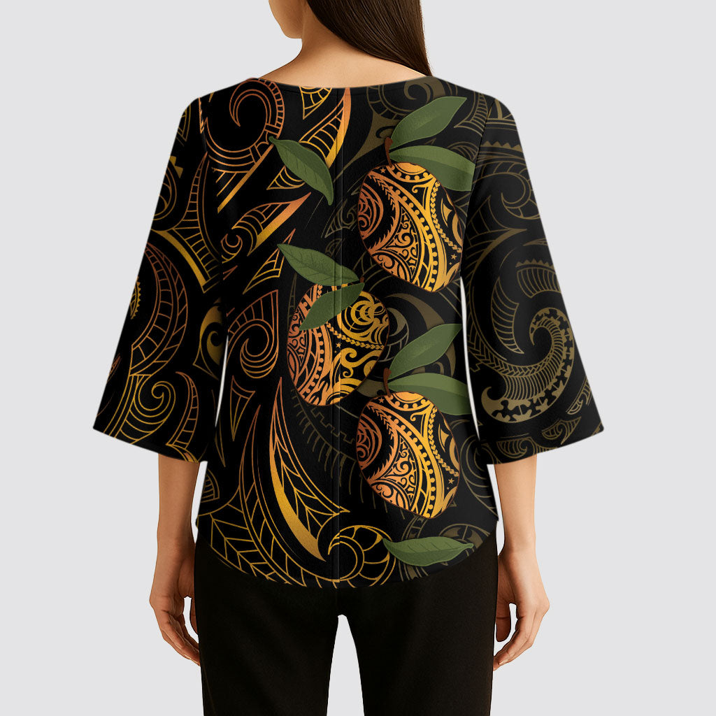 Hawaiian Mango Tribal Tattoo Kimono Sleeve Blouse Gold Pacific Traditional Pattern