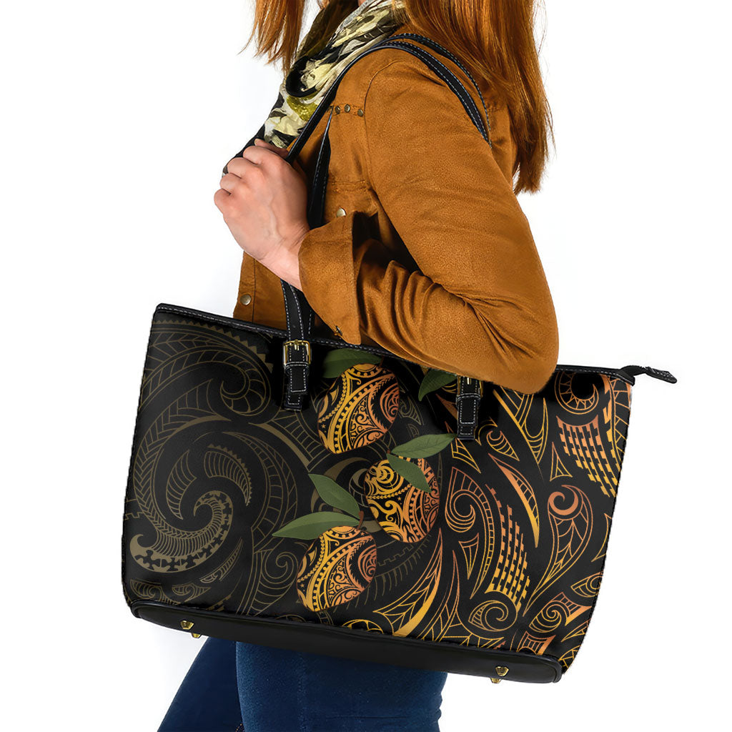 Hawaiian Mango Tribal Tattoo Leather Tote Bag Gold Pacific Traditional Pattern
