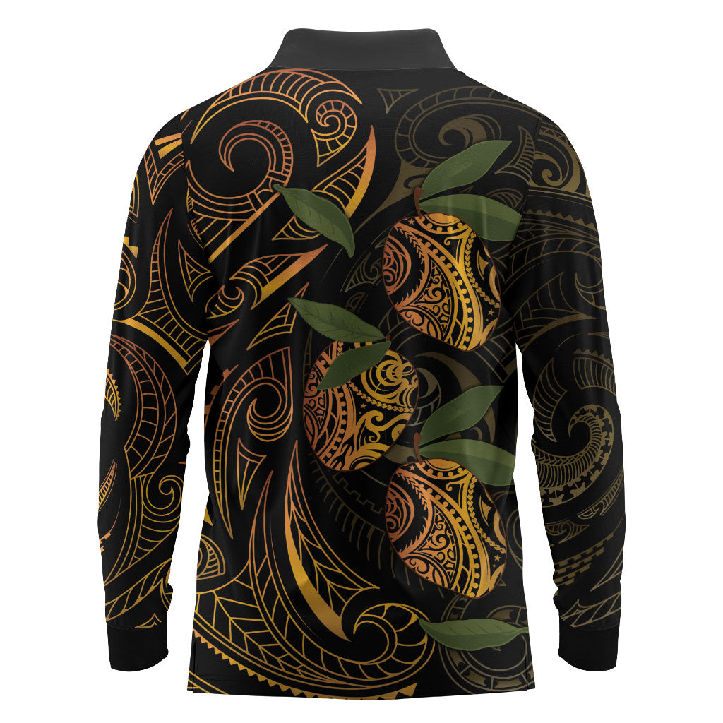 Hawaiian Mango Tribal Tattoo Long Sleeve Polo Shirt Gold Pacific Traditional Pattern