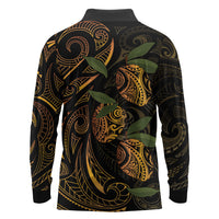 Hawaiian Mango Tribal Tattoo Long Sleeve Polo Shirt Gold Pacific Traditional Pattern