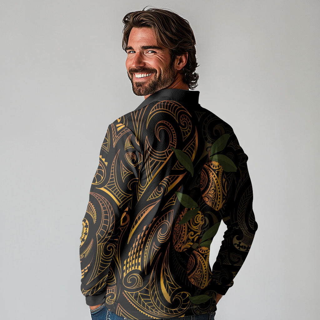 Hawaiian Mango Tribal Tattoo Long Sleeve Polo Shirt Gold Pacific Traditional Pattern