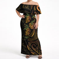 Hawaiian Mango Tribal Tattoo Off Shoulder Maxi Dress Gold Pacific Traditional Pattern