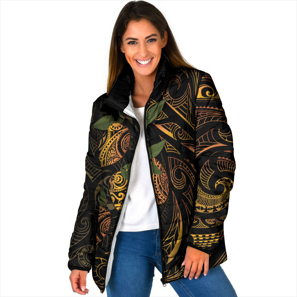Hawaiian Mango Tribal Tattoo Padded Jacket Gold Pacific Traditional Pattern