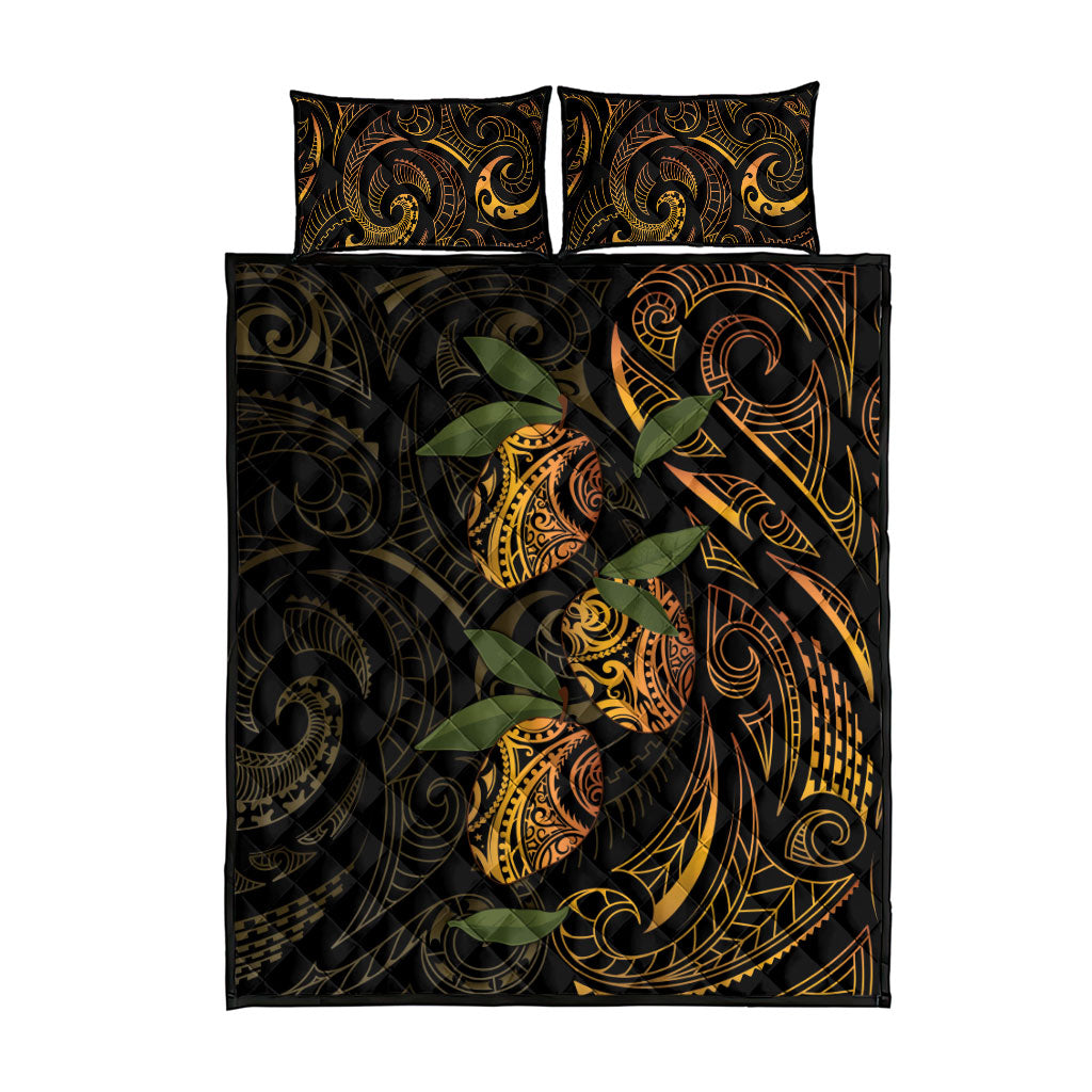 Hawaiian Mango Tribal Tattoo Quilt Bed Set Gold Pacific Traditional Pattern
