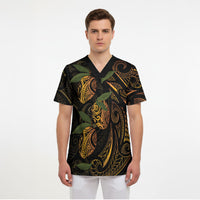 Hawaiian Mango Tribal Tattoo Scrub Top Gold Pacific Traditional Pattern