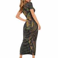 Hawaiian Mango Tribal Tattoo Short Sleeve Bodycon Dress Gold Pacific Traditional Pattern