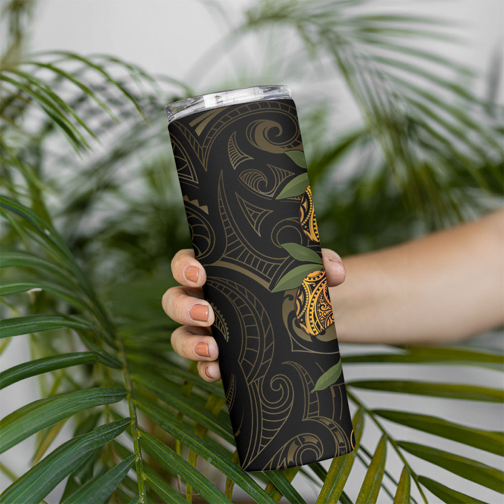 Hawaiian Mango Tribal Tattoo Skinny Tumbler Gold Pacific Traditional Pattern