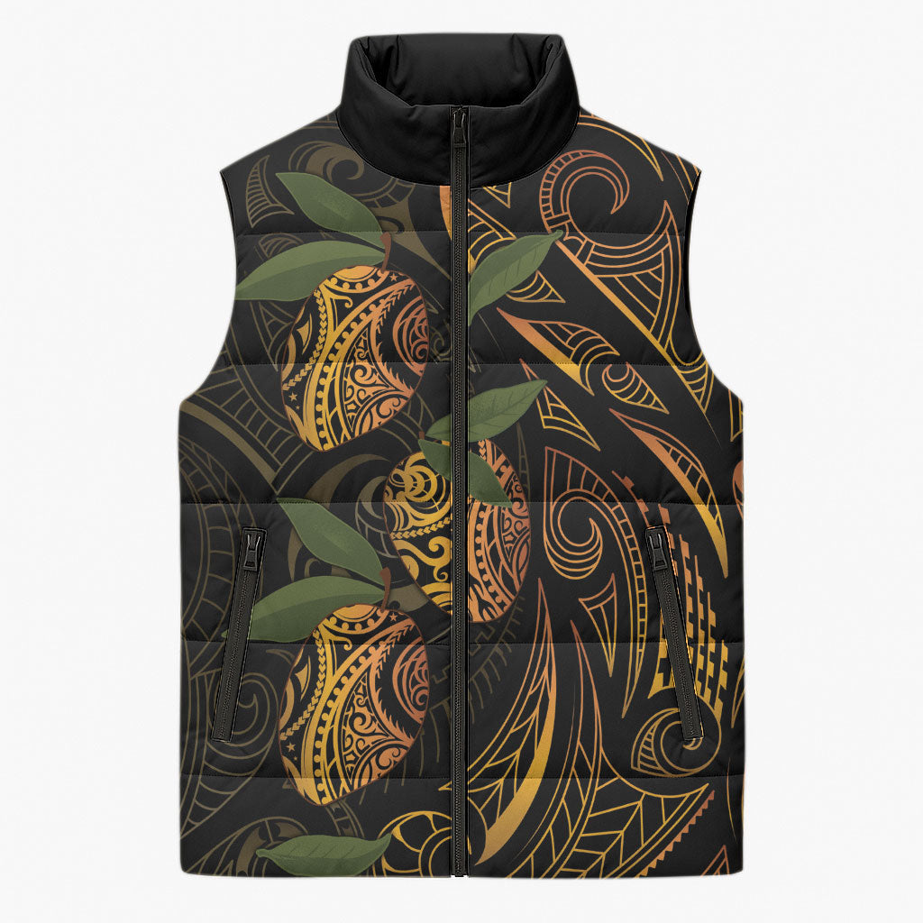 Hawaiian Mango Tribal Tattoo Sleeveless Puffer Jacket Gold Pacific Traditional Pattern