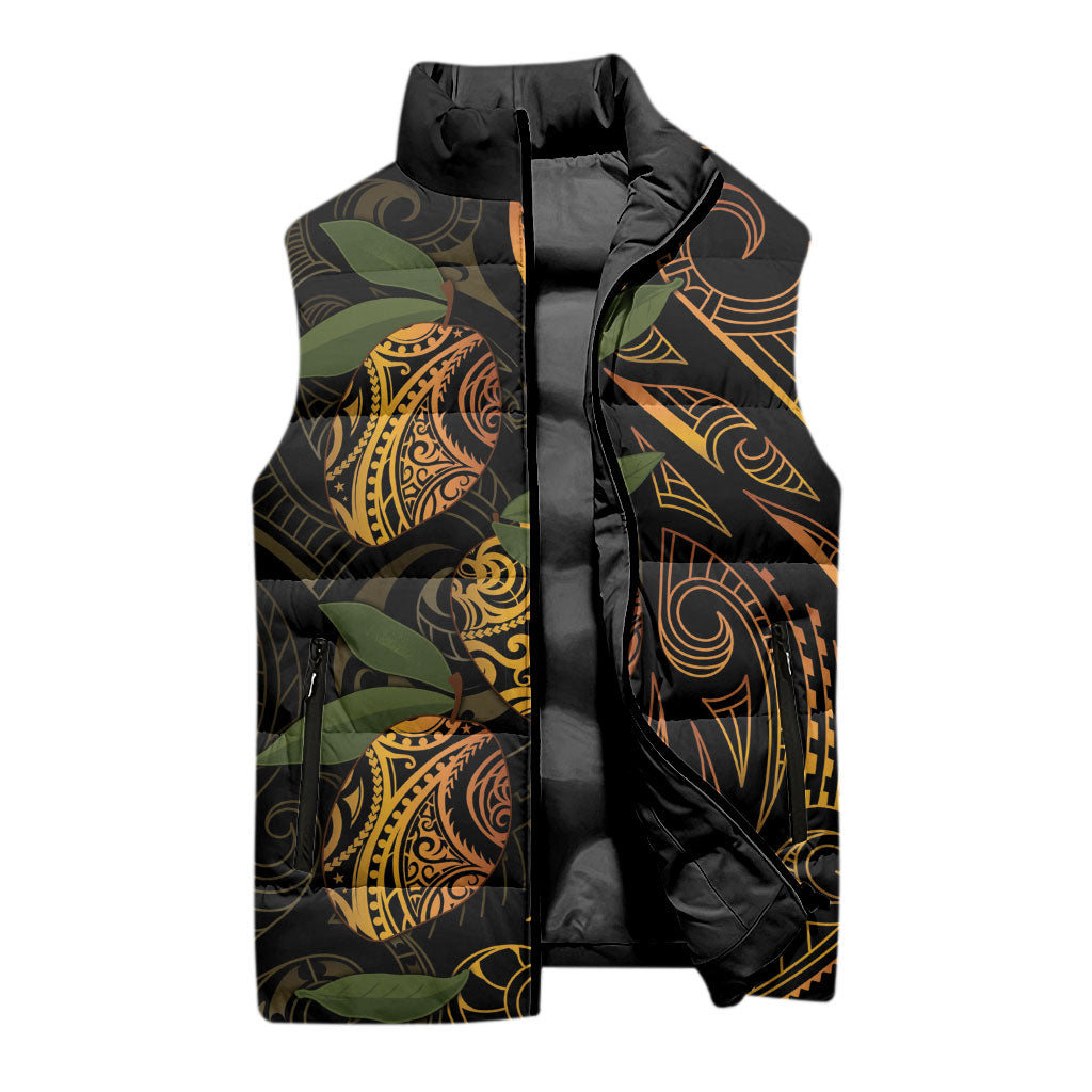 Hawaiian Mango Tribal Tattoo Sleeveless Puffer Jacket Gold Pacific Traditional Pattern