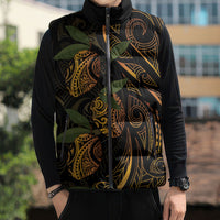 Hawaiian Mango Tribal Tattoo Sleeveless Puffer Jacket Gold Pacific Traditional Pattern