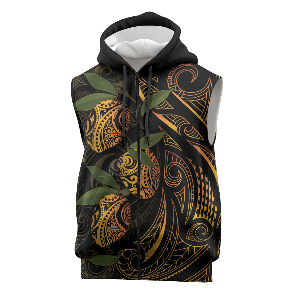 Hawaiian Mango Tribal Tattoo Sleeveless Zip Hoodie Gold Pacific Traditional Pattern