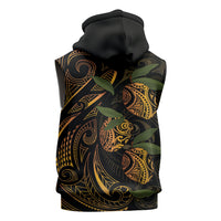 Hawaiian Mango Tribal Tattoo Sleeveless Zip Hoodie Gold Pacific Traditional Pattern