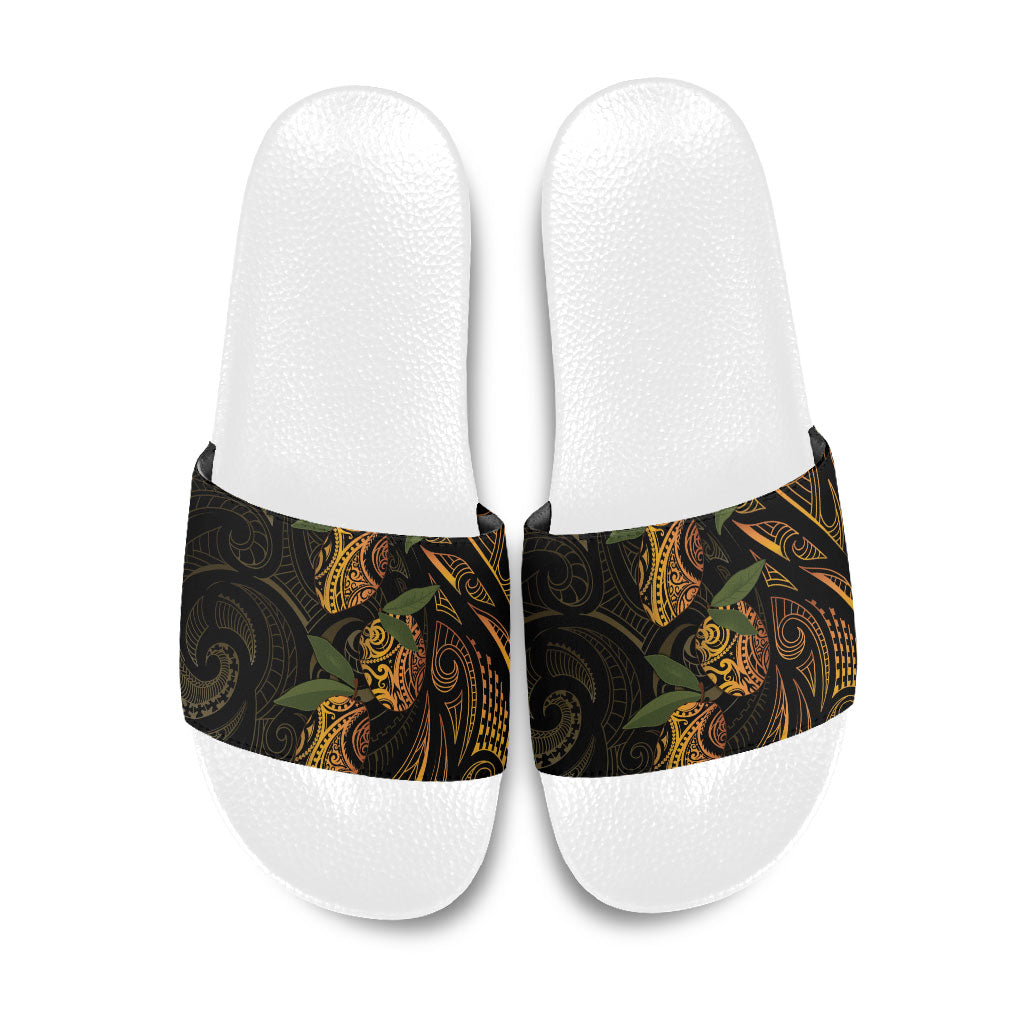 Hawaiian Mango Tribal Tattoo Slide Sandals Gold Pacific Traditional Pattern
