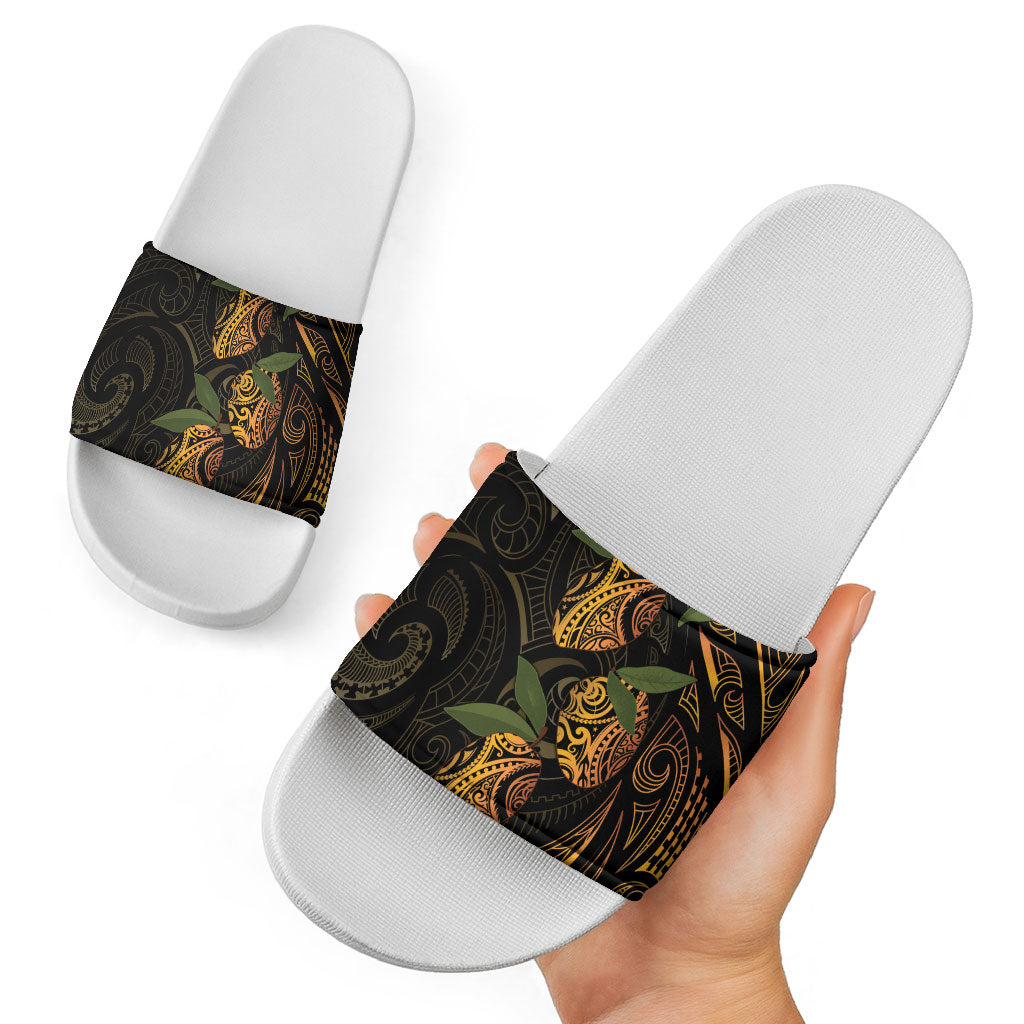 Hawaiian Mango Tribal Tattoo Slide Sandals Gold Pacific Traditional Pattern