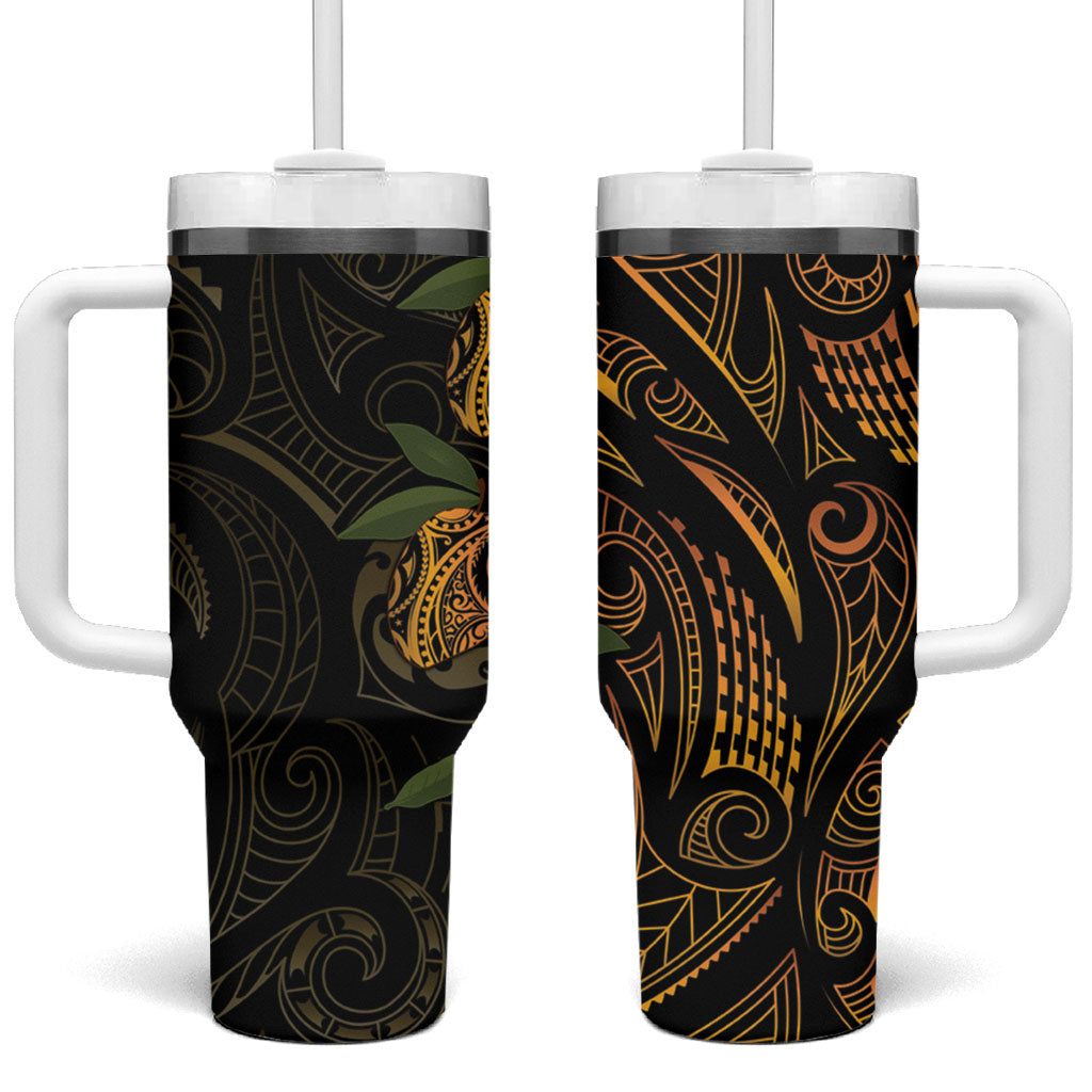 Hawaiian Mango Tribal Tattoo Tumbler With Handle Gold Pacific Traditional Pattern