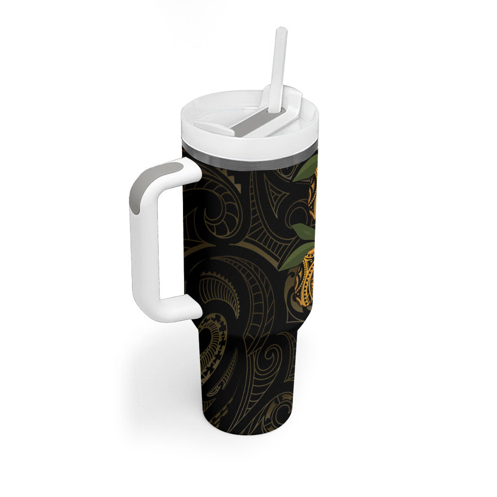 Hawaiian Mango Tribal Tattoo Tumbler With Handle Gold Pacific Traditional Pattern