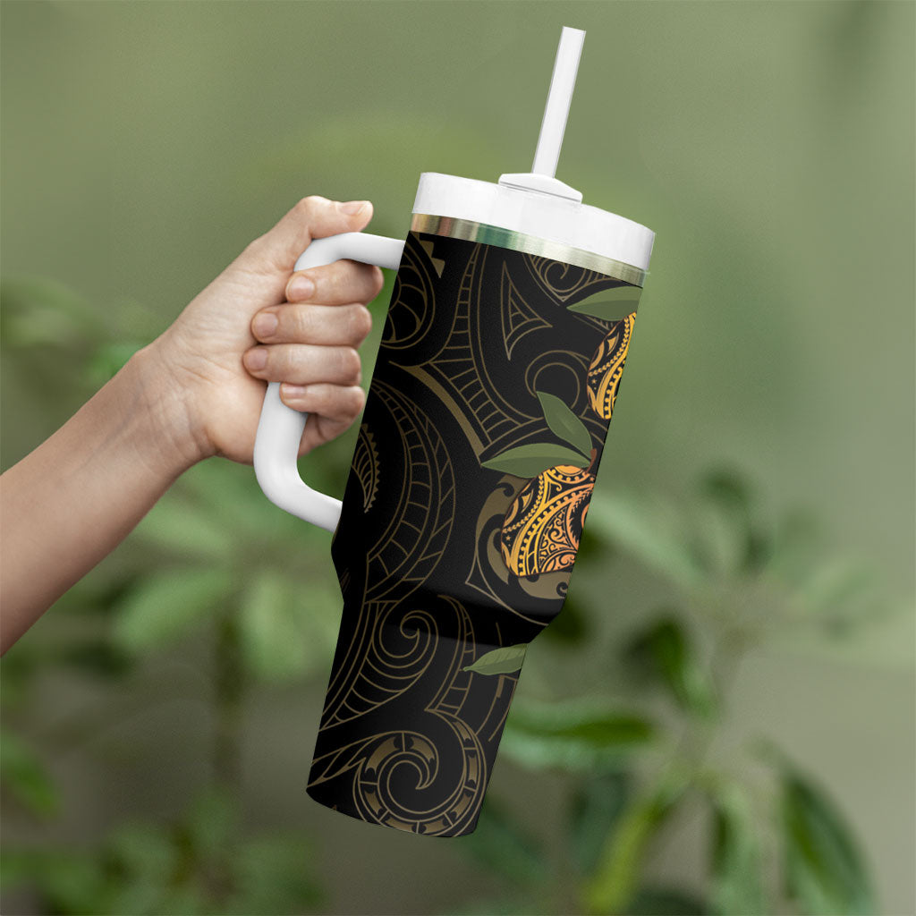 Hawaiian Mango Tribal Tattoo Tumbler With Handle Gold Pacific Traditional Pattern