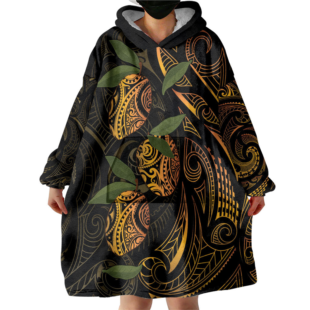 Hawaiian Mango Tribal Tattoo Wearable Blanket Hoodie Gold Pacific Traditional Pattern