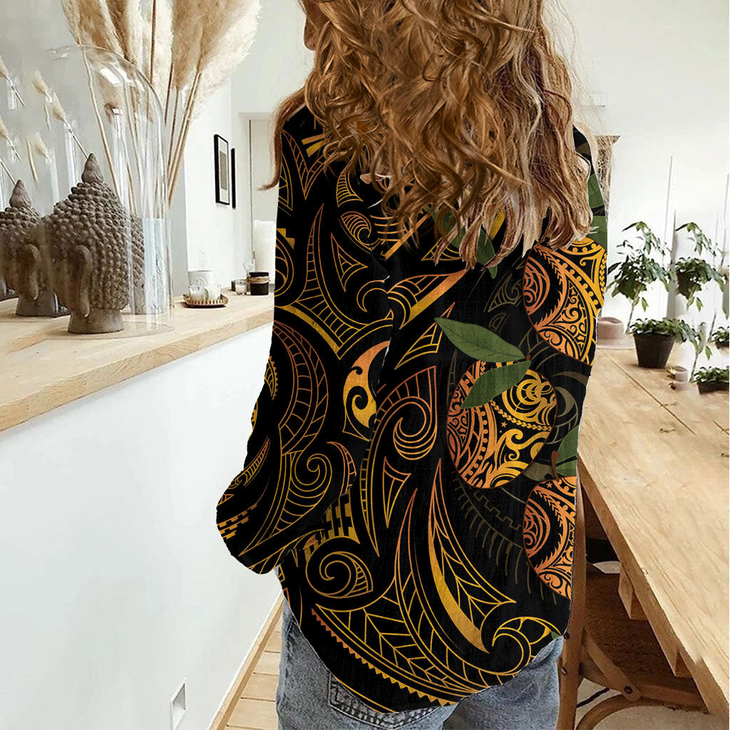 Hawaiian Mango Tribal Tattoo Women Casual Shirt Gold Pacific Traditional Pattern