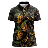 Hawaiian Mango Tribal Tattoo Women Polo Shirt Gold Pacific Traditional Pattern