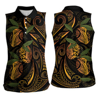 Hawaiian Mango Tribal Tattoo Women Sleeveless Polo Shirt Gold Pacific Traditional Pattern