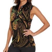 Hawaiian Mango Tribal Tattoo Women Sleeveless Polo Shirt Gold Pacific Traditional Pattern