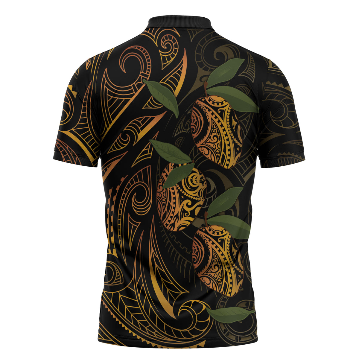 Hawaiian Mango Tribal Tattoo Zipper Polo Shirt Gold Pacific Traditional Pattern