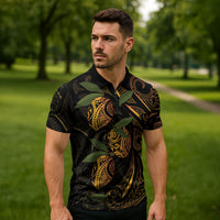 Hawaiian Mango Tribal Tattoo Zipper Polo Shirt Gold Pacific Traditional Pattern
