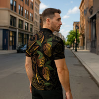 Hawaiian Mango Tribal Tattoo Zipper Polo Shirt Gold Pacific Traditional Pattern
