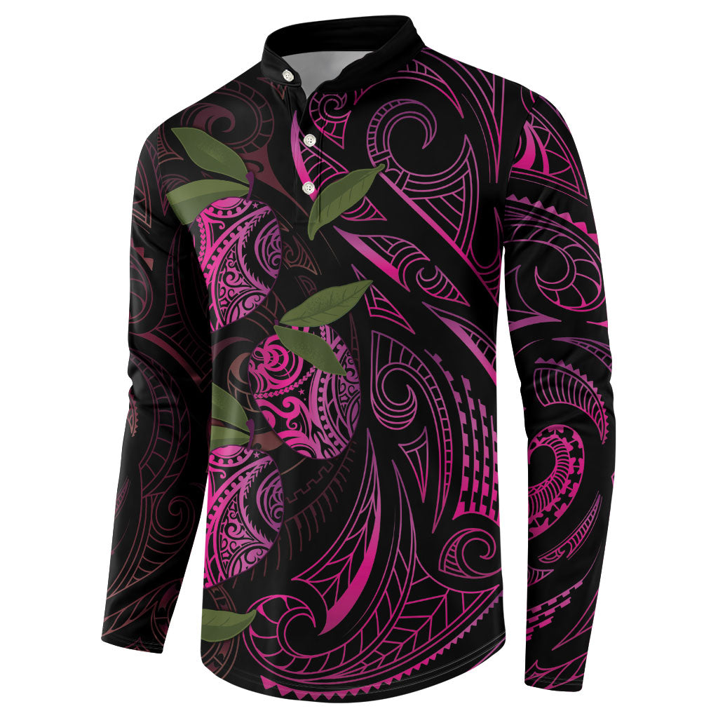 Hawaiian Mango Tribal Tattoo Button Sweatshirt Pink Pacific Traditional Pattern