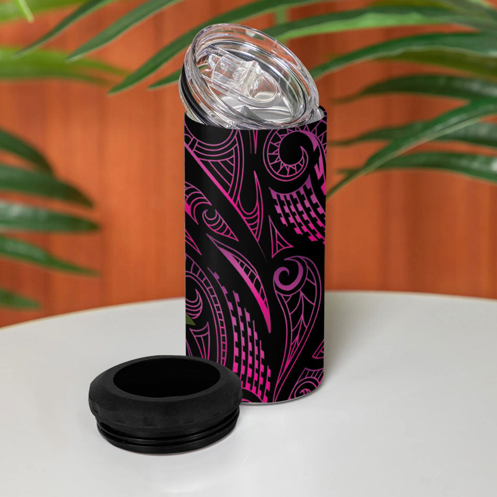 Hawaiian Mango Tribal Tattoo 4 in 1 Can Cooler Tumbler Pink Pacific Traditional Pattern