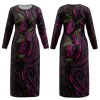Hawaiian Mango Tribal Tattoo Couples Matching Long Sleeve Bodycon Dress and Hawaiian Shirt Pink Pacific Traditional Pattern