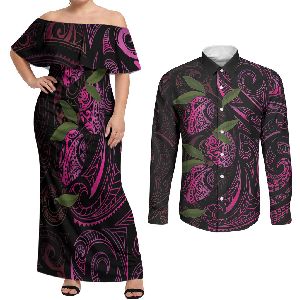 Hawaiian Mango Tribal Tattoo Couples Matching Off Shoulder Maxi Dress and Long Sleeve Button Shirt Pink Pacific Traditional Pattern