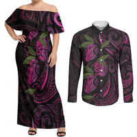 Hawaiian Mango Tribal Tattoo Couples Matching Off Shoulder Maxi Dress and Long Sleeve Button Shirt Pink Pacific Traditional Pattern