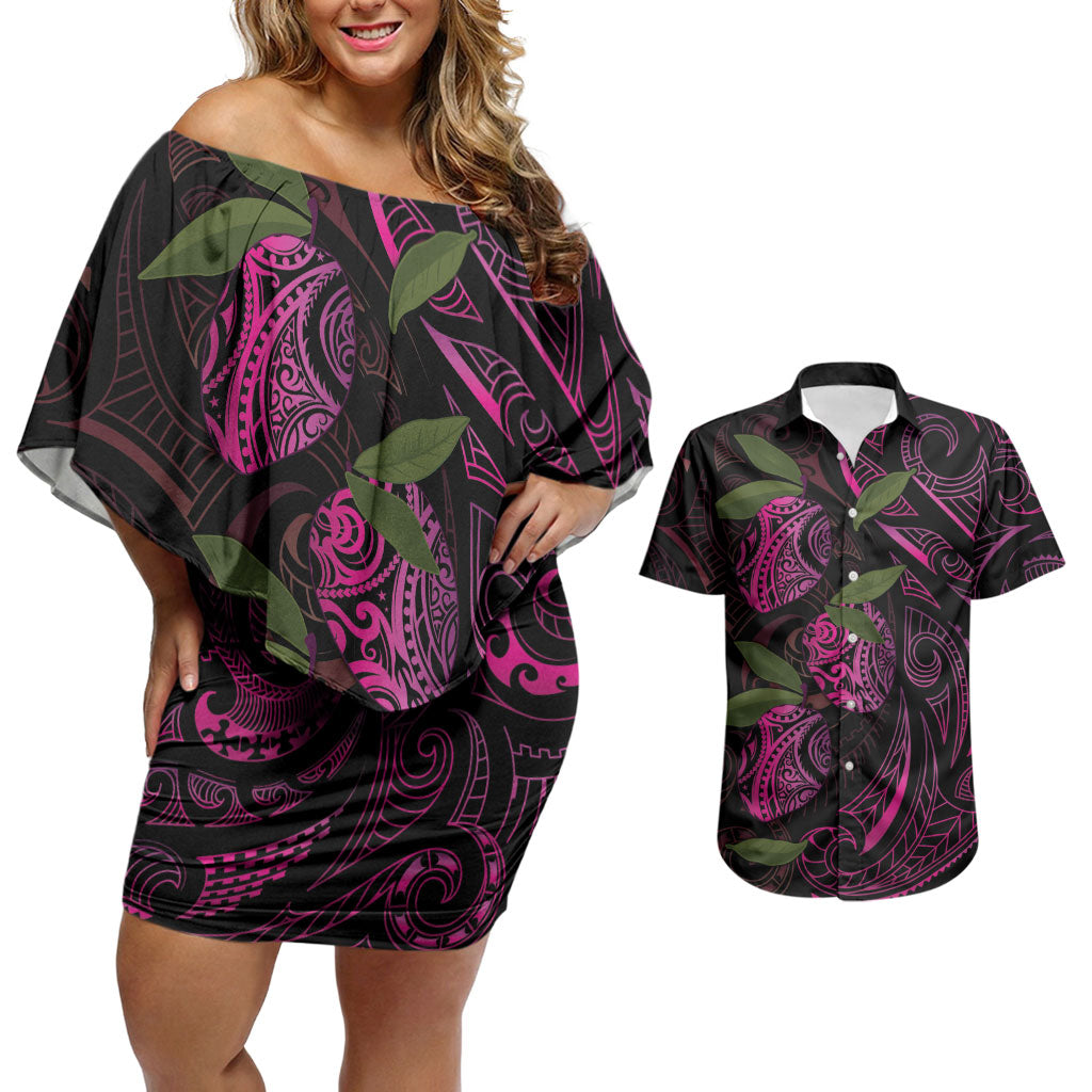 Hawaiian Mango Tribal Tattoo Couples Matching Off Shoulder Short Dress and Hawaiian Shirt Pink Pacific Traditional Pattern