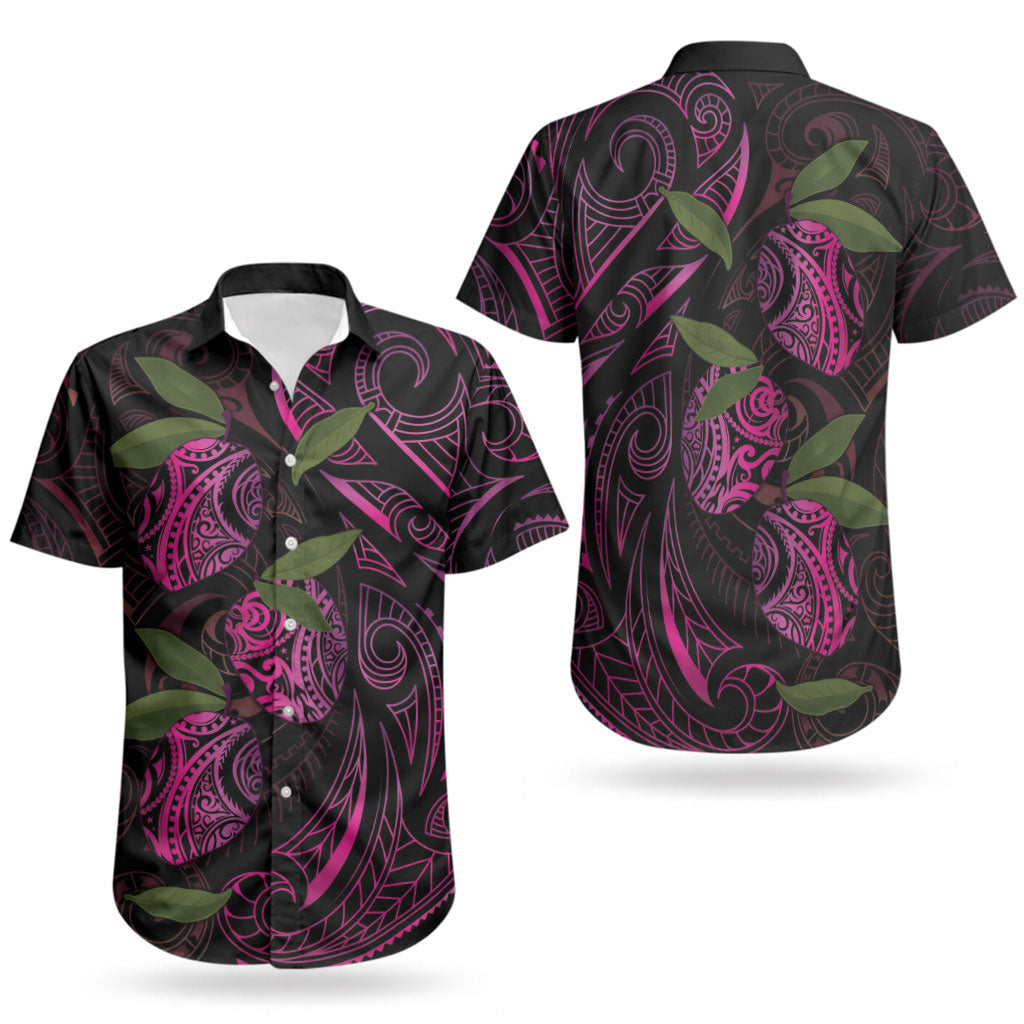 Hawaiian Mango Tribal Tattoo Couples Matching Off Shoulder Short Dress and Hawaiian Shirt Pink Pacific Traditional Pattern