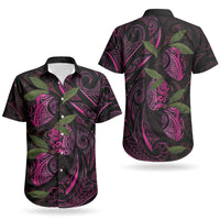 Hawaiian Mango Tribal Tattoo Couples Matching Off Shoulder Short Dress and Hawaiian Shirt Pink Pacific Traditional Pattern