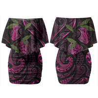 Hawaiian Mango Tribal Tattoo Couples Matching Off Shoulder Short Dress and Long Sleeve Button Shirt Pink Pacific Traditional Pattern