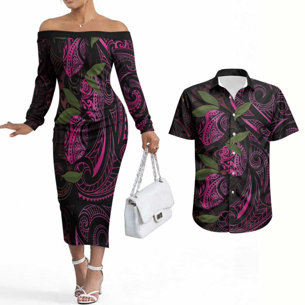 Hawaiian Mango Tribal Tattoo Couples Matching Off The Shoulder Long Sleeve Dress and Hawaiian Shirt Pink Pacific Traditional Pattern