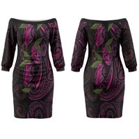 Hawaiian Mango Tribal Tattoo Couples Matching Off The Shoulder Long Sleeve Dress and Hawaiian Shirt Pink Pacific Traditional Pattern