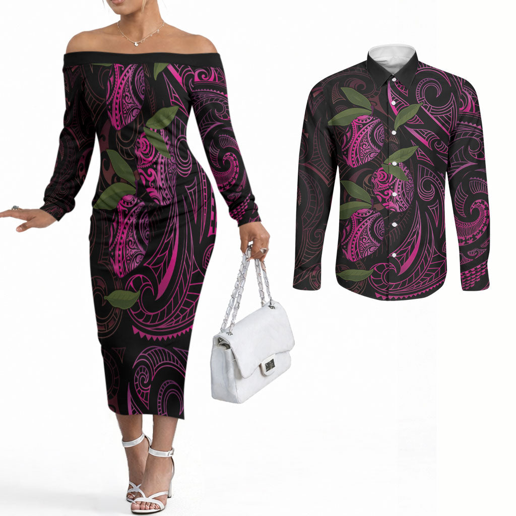 Hawaiian Mango Tribal Tattoo Couples Matching Off The Shoulder Long Sleeve Dress and Long Sleeve Button Shirt Pink Pacific Traditional Pattern