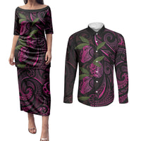 Hawaiian Mango Tribal Tattoo Couples Matching Puletasi and Long Sleeve Button Shirt Pink Pacific Traditional Pattern
