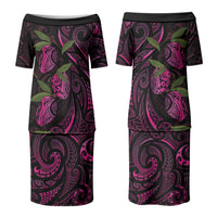 Hawaiian Mango Tribal Tattoo Couples Matching Puletasi and Long Sleeve Button Shirt Pink Pacific Traditional Pattern