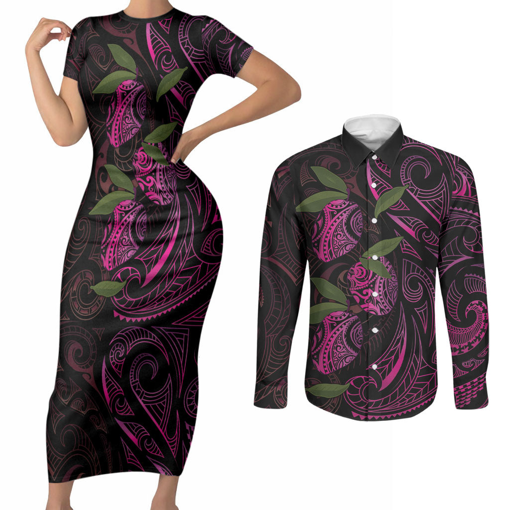 Hawaiian Mango Tribal Tattoo Couples Matching Short Sleeve Bodycon Dress and Long Sleeve Button Shirt Pink Pacific Traditional Pattern